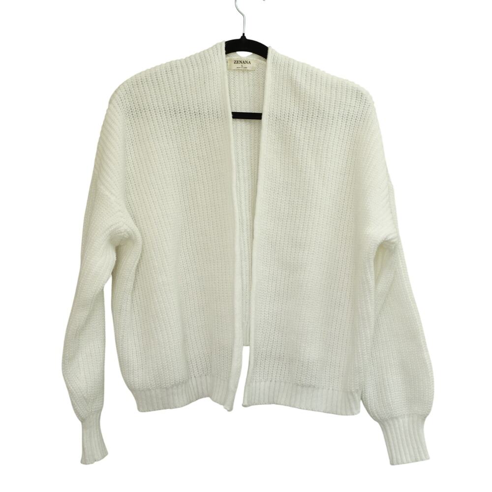 Zenana Womens Open Front Cardigan Sweater Ribbed Knit Long Sleeve White Large